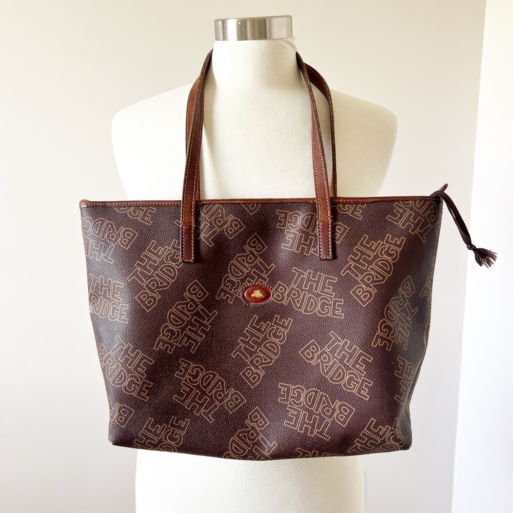 Vintage The Bridge Monogram Tote Bag Brown Leather Trim Shoulder Bag Italy Logo